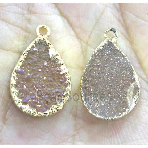 agate druzy teardrop pendant, gold champagne AB-color