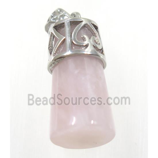 pink Rose Quartz column pendant, copper, platinum plated