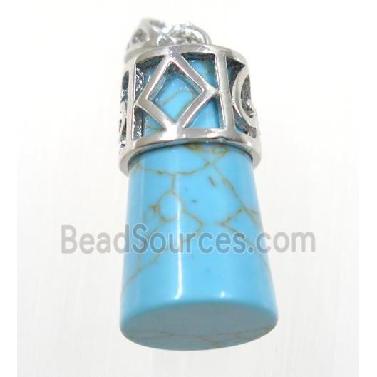 aqua dyed Turquoise column pendant, copper, platinum plated