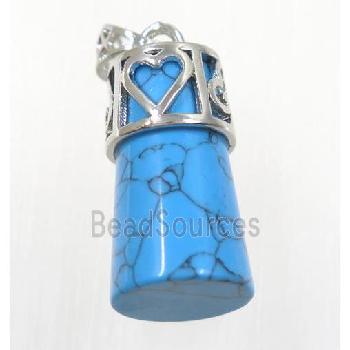 blue dye Turquoise column pendant, copper, platinum plated