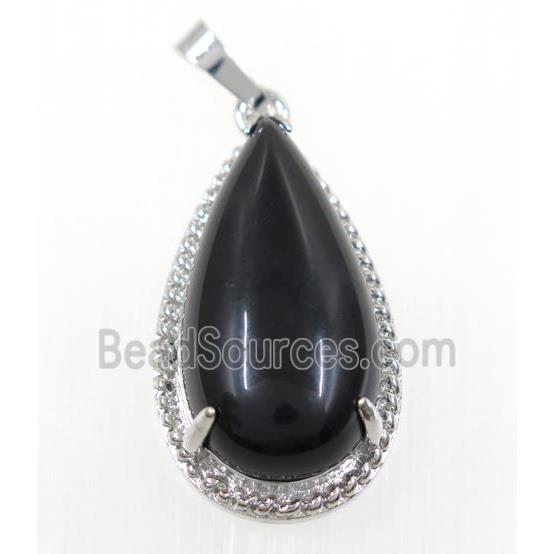 black agate teardrop pendant, copper, platinum plated