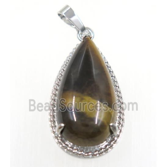 Tigers eye stone teardrop pendant, copper, platinum plated