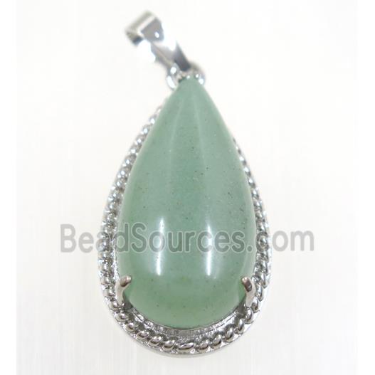 green Aventurine teardrop pendant, copper, platinum plated