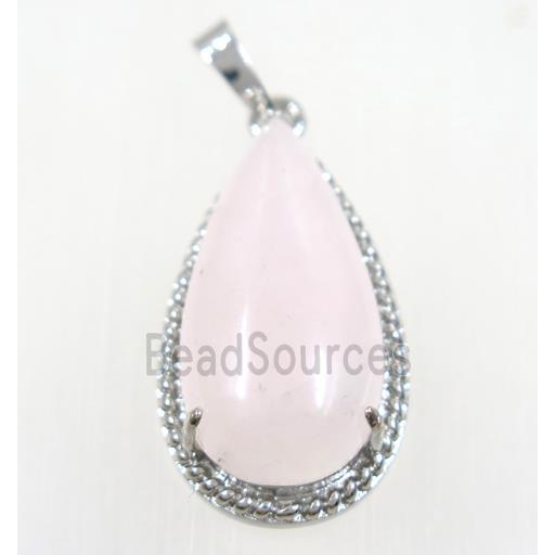 pink Rose Quartz teardrop pendant, copper, platinum plated