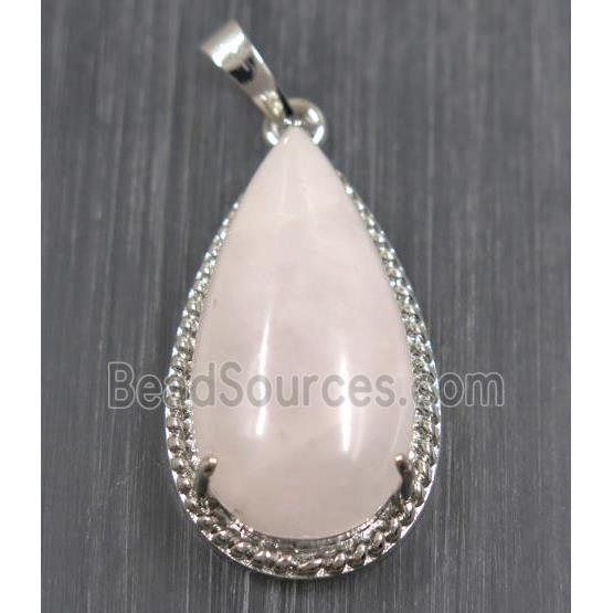 pink Rose Quartz teardrop pendant, copper, platinum plated