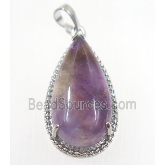 purple Amethyst teardrop pendant, copper, platinum plated