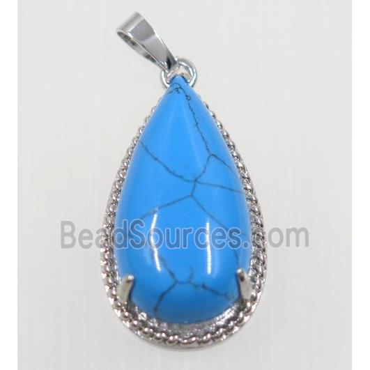 blue dye Turquoise teardrop pendant, copper, platinum plated