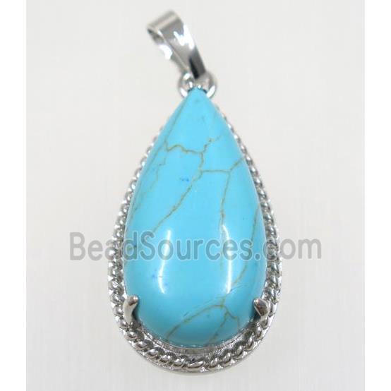 aqua turquoise teardrop pendant, copper, platinum plated