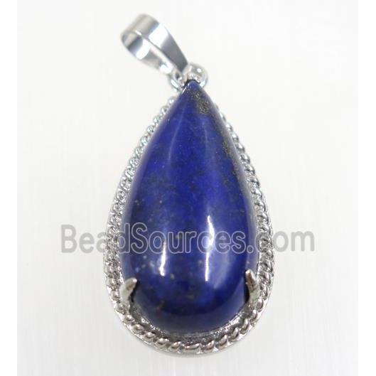 blue Lapis Lazuli teardrop pendant, copper, platinum plated