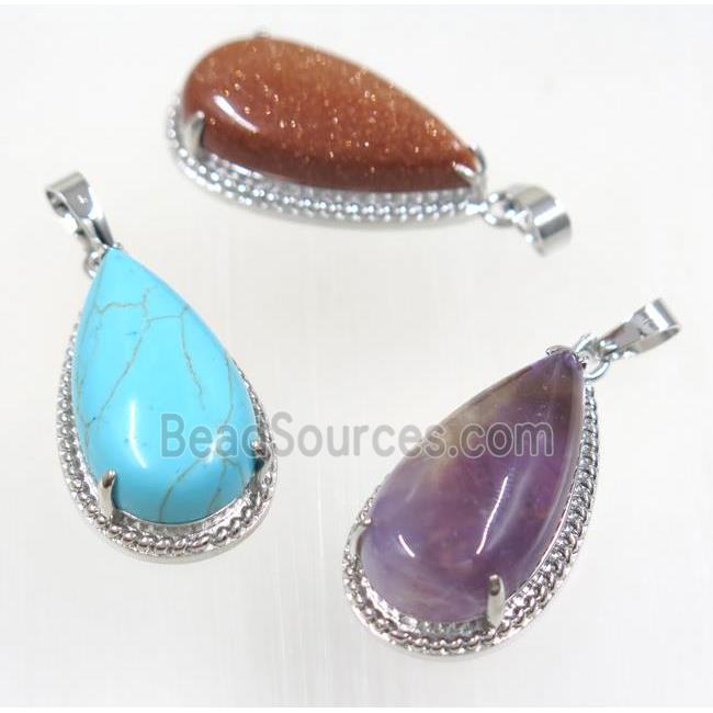 mix gemstone teardrop pendant, copper, platinum plated