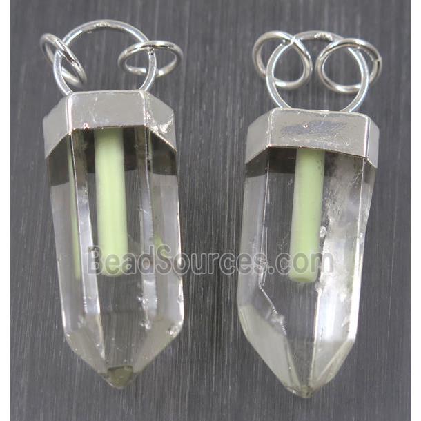 Clear Quartz pendant with Fluorescent stick, silver plated