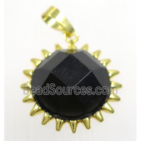 black onyx agate sunflower pendant, gold plated