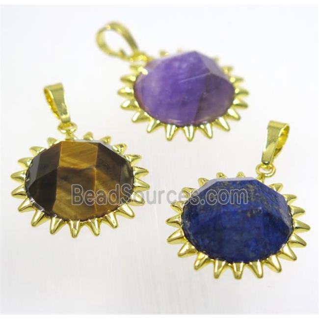 mix gemstone sunflower pendant, gold plated