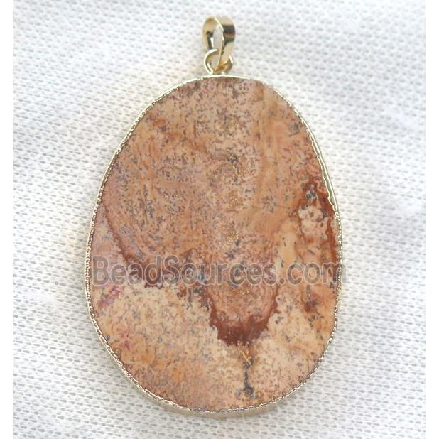 picture jasper slice pendant, freeform, gold plated