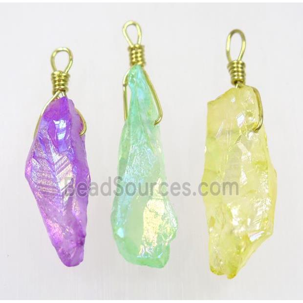 AB-color Quartz stick pendant, wire wrapped, dye, mix color