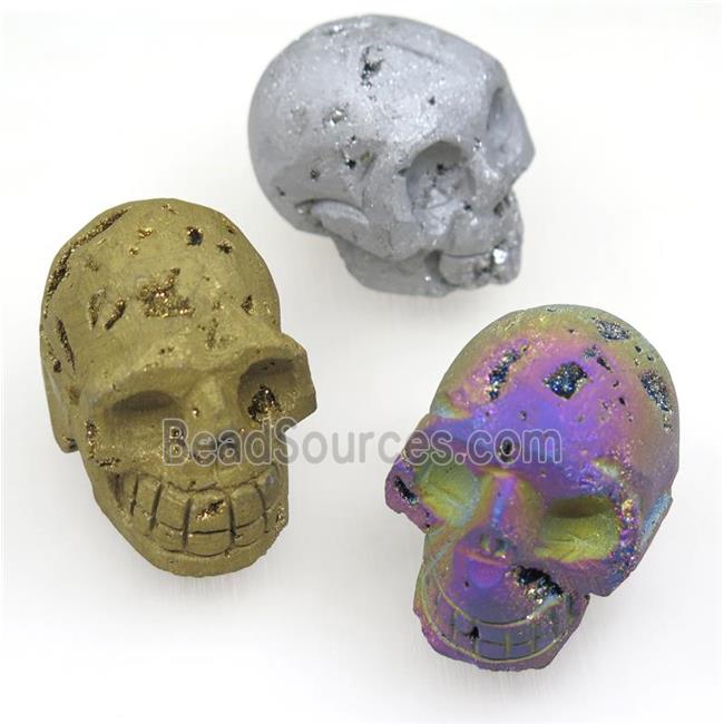 Agate druzy skull charms, no-hole, mix color