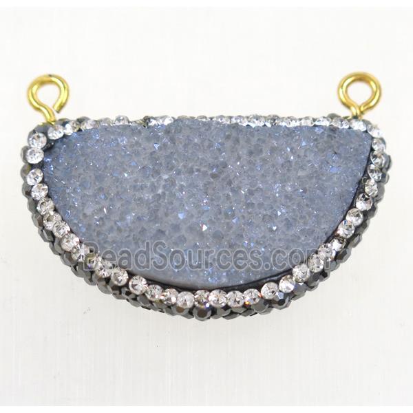 lt.gray blue Druzy Quartz pendant paved rhinestone, half moon