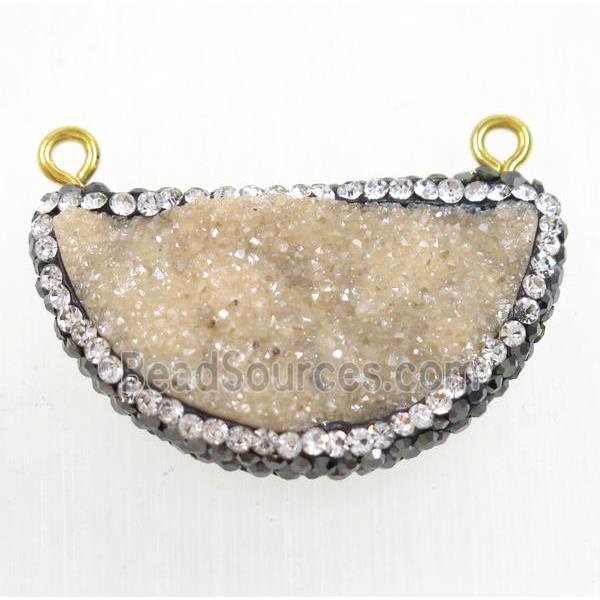 lt.gold-champagne druzy quartz pendant paved rhinestone, half moon