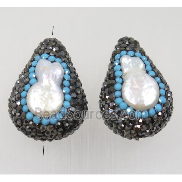 clay teardrop beads paved rhinestone with pearl