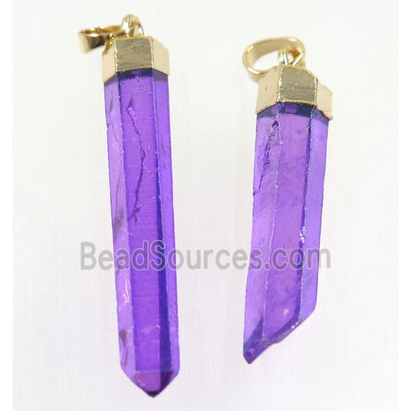 Clear Quartz stick pendant, purple, gold plated