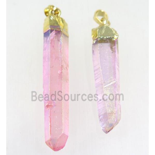 Clear Quartz stick pendant, pink, gold plated