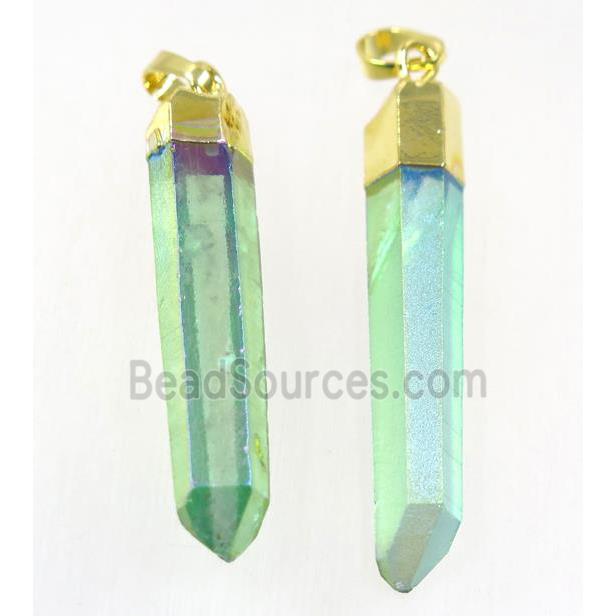 Clear Quartz stick pendant, green, gold plated