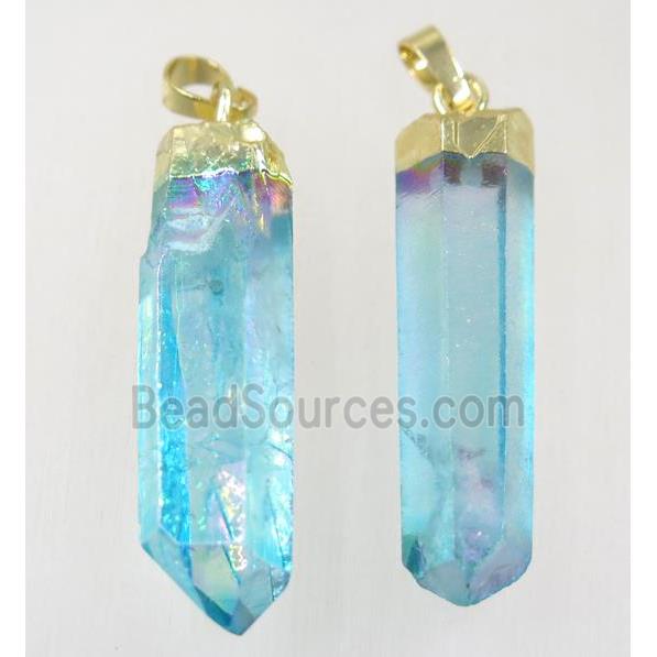 Clear Quartz stick pendant, blue, gold plated