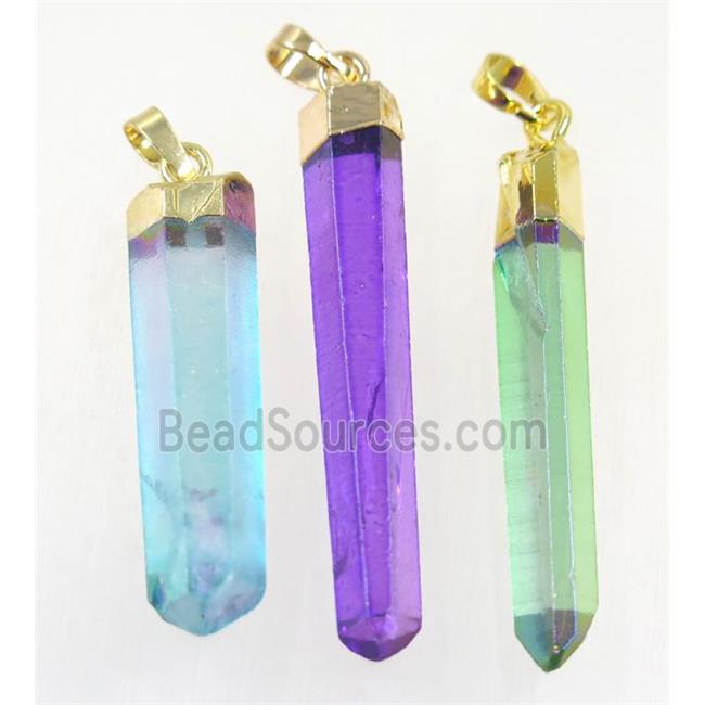 Clear Quartz stick pendant, mix color, gold plated