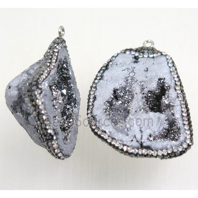 silver Druzy Agate pendant pave rhinestone, freeform