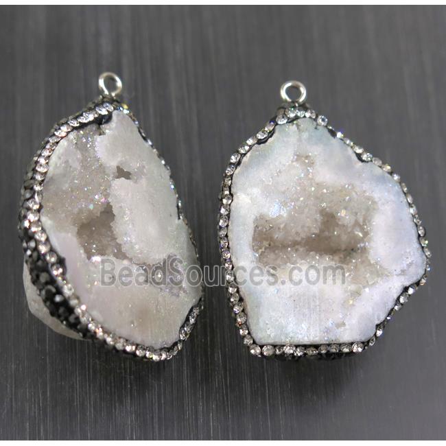 white AB-color Druzy Agate pendant pave rhinestone, freeform