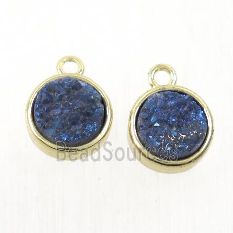 blue Druzy Quartz pendant, flat round, gold plated