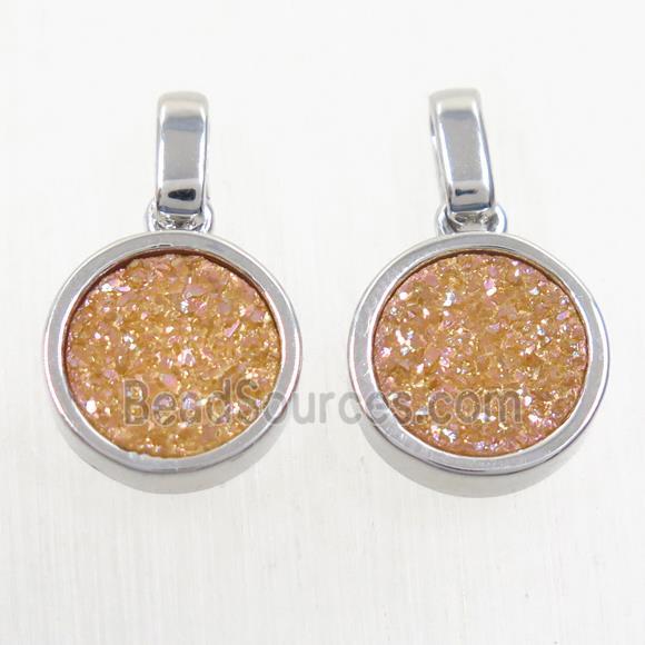 gold champagne Druzy Agate pendant, flat round, platinum plated