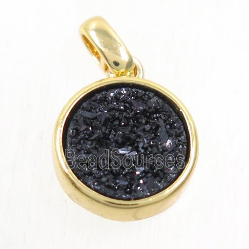 black Druzy Agate pendant, flat round, gold plated