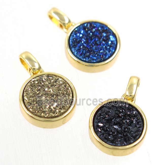 Druzy Agate pendant, mix color, flat round, gold plated