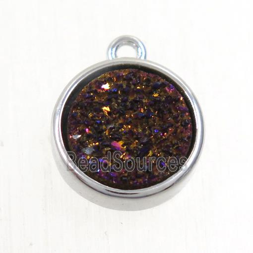 purple Druzy Agate pendant, flat round, platinum plated