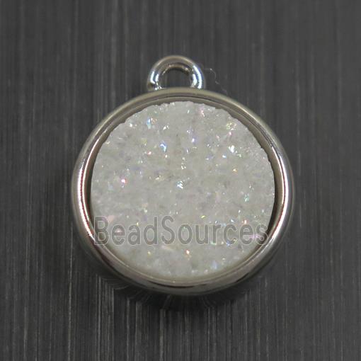 white AB-color Druzy Agate pendant, flat round, platinum plated