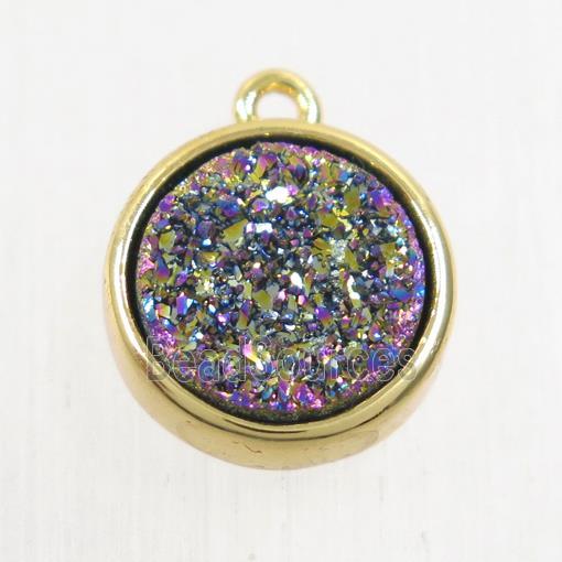 rainbow Druzy Agate pendant, flat round, gold plated