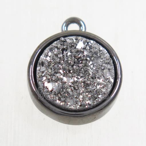 silver Druzy Agate pendant, flat round, black plated