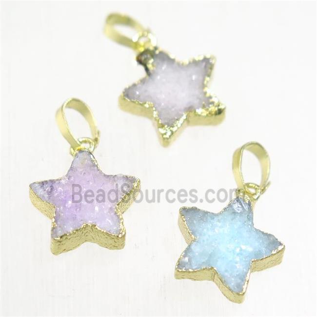 Druzy Quartz star pendant, mix color, gold plated