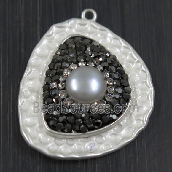 white Pearl pendant pave rhinestone, copper, duck silver plated