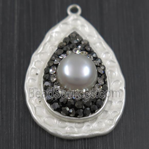 white Pearl pendant pave rhinestone, copper, teardrop, duck silver plated