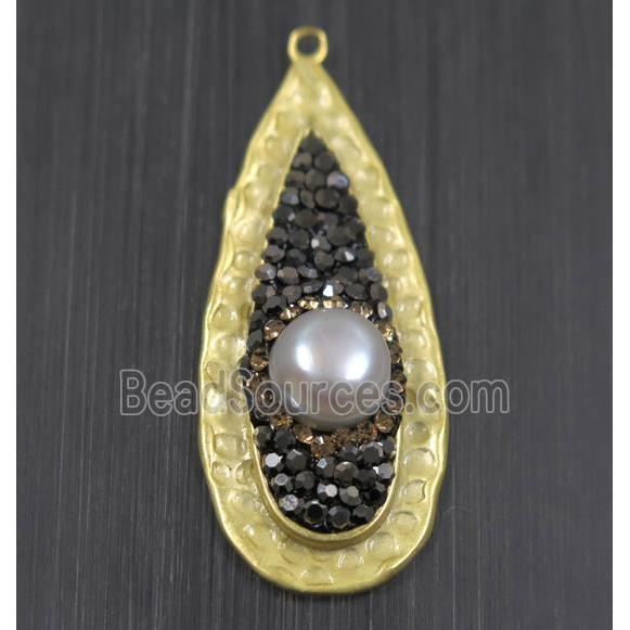 white Pearl pendant pave rhinestone, copper, teardrop, duck silver plated