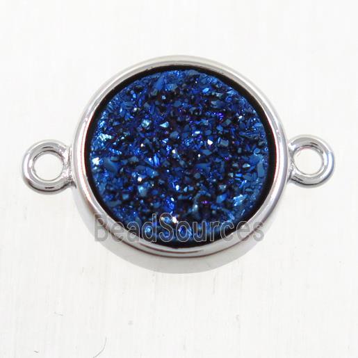 blue Druzy Agate connector, flat round, platinum plated