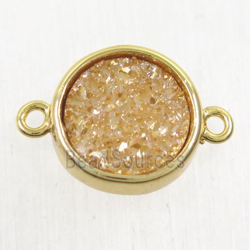 golden champagne Druzy Agate connector, flat round, gold plated