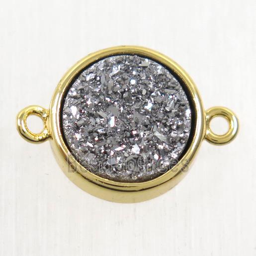 silver Druzy Agate connector, flat round, gold plated