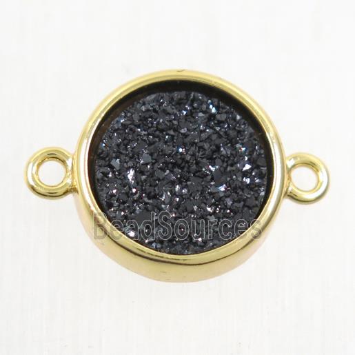 black Druzy Agate connector, flat round, gold plated