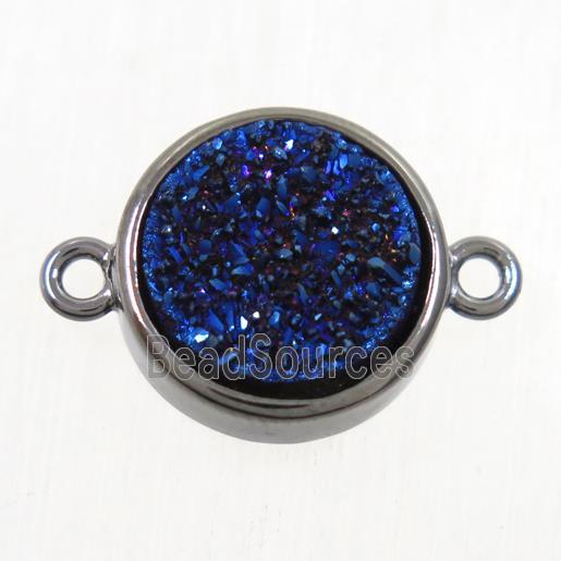 blue Druzy Agate connector, flat round, black plated