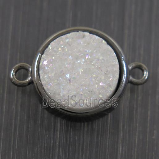 white AB-color Druzy Agate connector, flat round, black plated