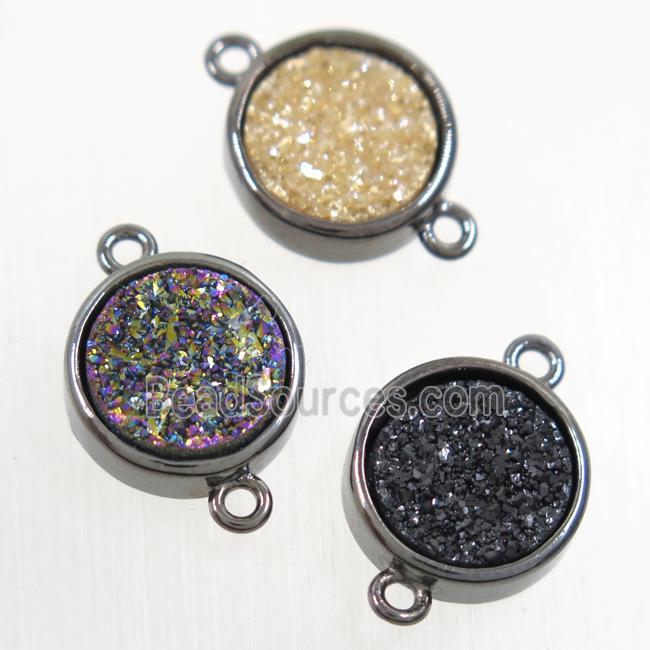 Druzy Agate connector, mixc olor, flat round, black plated