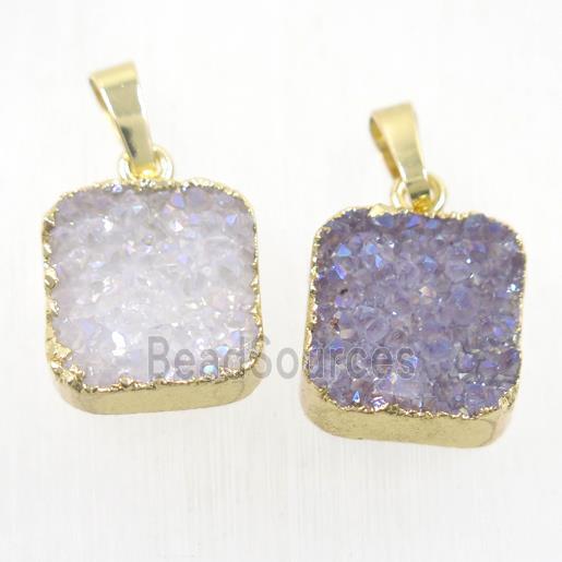 Druzy Agate square pendant, natural AB-color, gold plated